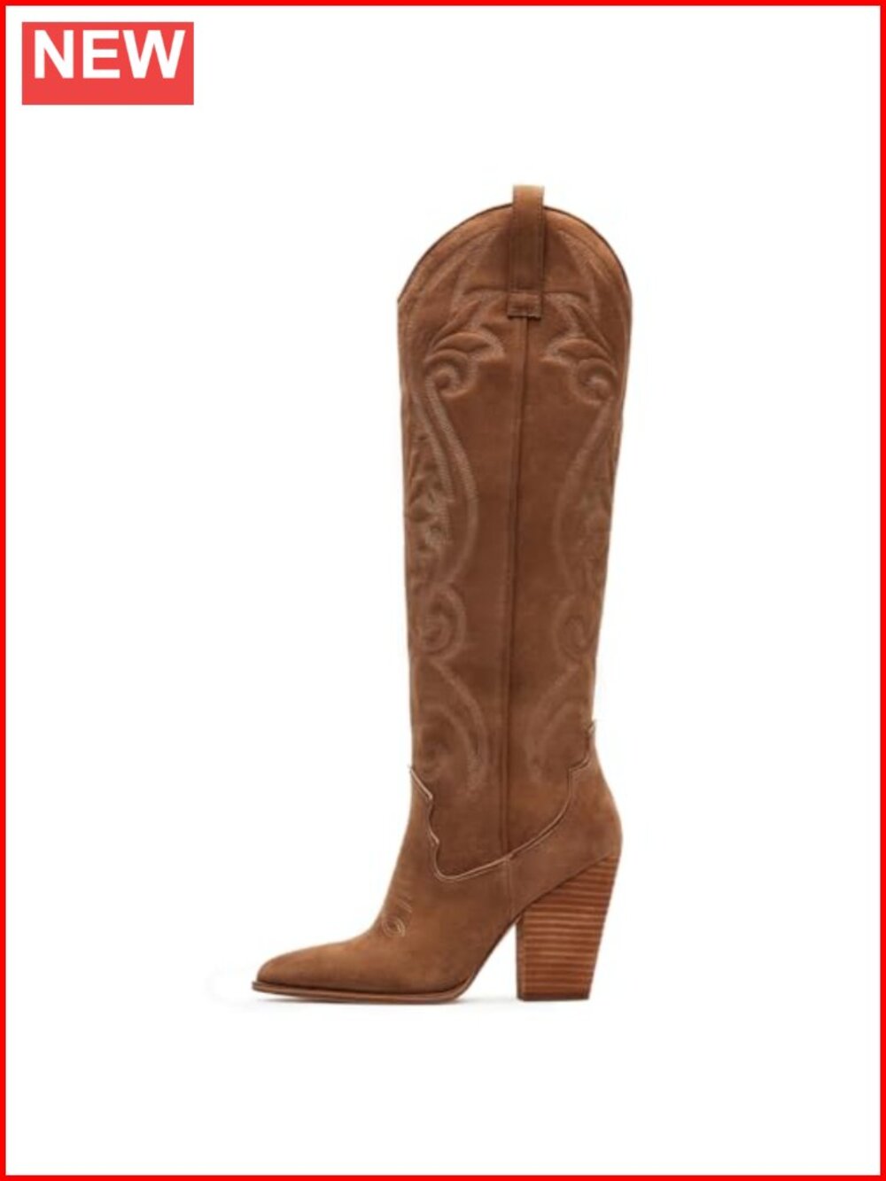 Knee High Cowboy Boots Pointed Toe Chunky Heel Embroidered Western Wide Calf